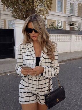 ZARA Tweed Blazer & Shorts Matching Set – Black & White Size XS